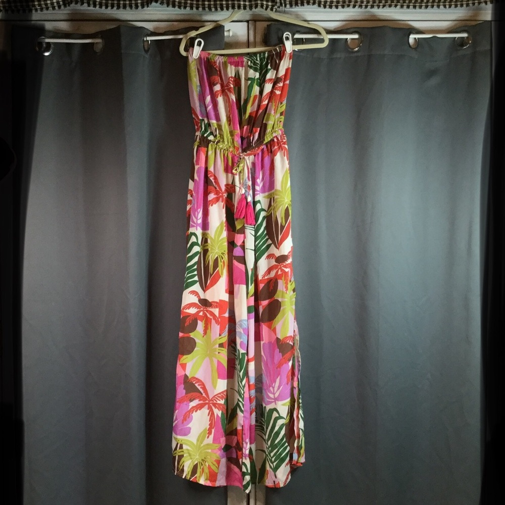True Destinations Tropical Print Strapless Wide Leg Jumpsuit - M